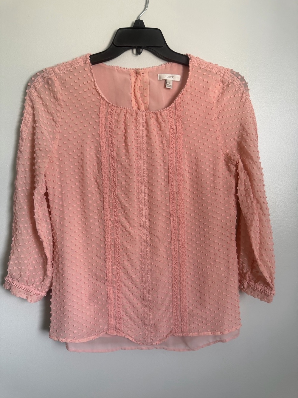J. Crew Blush Pink Silk Blend Swiss Dot Lace-Trim Button Back size 6